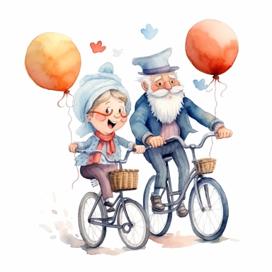 Cartoon funny grandpa and grandma riding a bicycle clipart, white background, watercolor