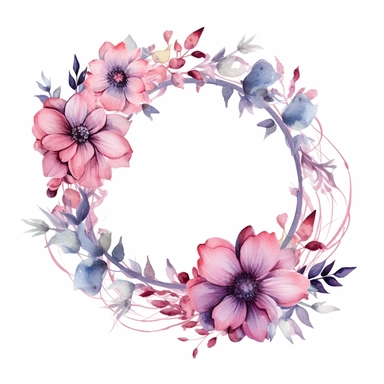 beautiful watercolor floral wreath with decorative elements, flowers, leaves, clipart, isolated on white background, bojo, vintage, lithograph, 32k uhd, texture