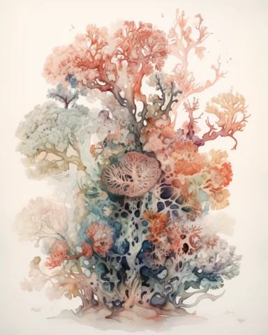 watercolor painting of fan coral on white background beautiful multi - headed pale, Flora Design Patterns, Flemish Baroque by Rachel Ruysch, Behance, Rococo, Intricate Detailed, Soft Light Effect, Oil Paint Strokes, Light Academia Aesthetic Flowers, Lighting cinematic, all shown shimmering stamens, tyndall light, light effect, texture, colorful, 8k, fantasy, ray tracing, depth of field, vivid, spectacular lighting, octane rendering, highly detailed, ultra - realistic, white background, clipart