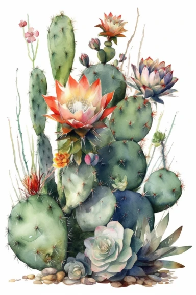a simple clean watercolor illustrations of variety of gorgeous cactus plants, on clean white background clipart, desert theme, watercolor painting, oil painted, high quality, vibrant, Vicente Romero Redondo, Willem van Aelst, Elsa Beskow