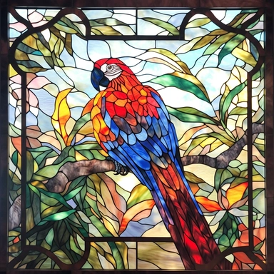 Rectangular stained glass window design, 90 degree squared corners, no background, looking out of an atrium sunroom, a macaw bird on the branch of a tree in a rainforest, very detailed, clipart, clear crisp colors, photorealistic, oil paint, happy, beautiful, bright colors, cute, ultra-detailed, on a white background - - no cropping