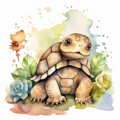 A charming watercolor turtel clipart bundle, showcasing an adorable turtel engrossed in playful activities. Against a clean white background, the watercolor painting depicts the cub's unbridled enjoyment and sense of fun. This cute baby animal clipart bundle infuses designs with a lively and joyful atmosphere, creating a delightful and engaging visual experience. /artistic_style:Watercolor painting /background:white /subject:playful tiger cub /emotion:enjoyment, fun /atmosphere:playful and cheer