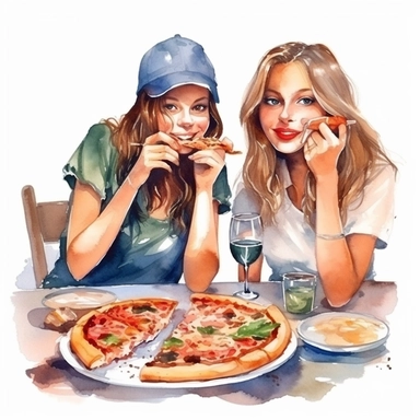 two best friends eating pizza in italian restaurant realistic detailed, watercolor clipart, white background
