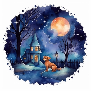 Create One clipart inspired by night dog walking alone: The clipart exudes a cozy ambiance, with a sense of warmth and tranquility. It invites viewers to imagine themselves wandering through this magical nature, discovering its secrets and encountering fantastical creatures.cozzy watercolor style. in 4K. so it can be used in fantasy books. beautifull coloring