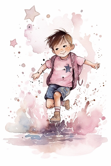 pale soft pink color little boy, 5 years, , little shoes, jumping in a water puddle, water splashes around her, with flower headband, in the style of whimsical, stars, moon, detailed character illustrations, book illustration, watercolor style, textured paper, white background clipart
