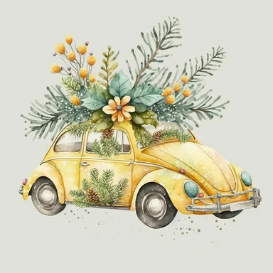 Christmas Car Yellow. Watercolor holiday clipart, vintage, retro car, bug, winter, Christmas tree, floral wreaths, xmas, merry, holly, cards