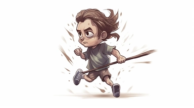 A man running with a stick, angry, legs, shoes, standing, long hair, brown hair, watercolor clipart, full illustration, 4k, sharp focus, watercolor, smooth soft skin, symmetry, soft lighting, detailed face, Concept art, watercolor style, strybk, kids style fairytale, chibi kawaii,. Octane rendering, 3d, perfect face, detailed face, delicate face, perfect sharp lips, detailed eyes. Craig Davison, Aubrey Beardsley, Conrad Roset, Aikut Aidogdu, Agnes Cecil, watercolor style