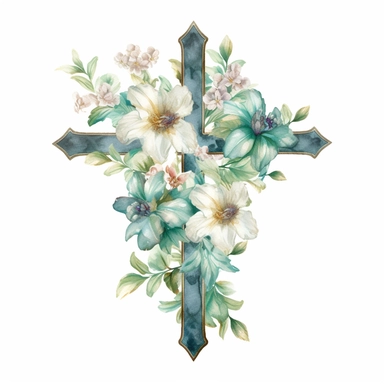 Watercolor sketch of floral cross, natural single design, highlydetailed, clipart style, white background, 8k
