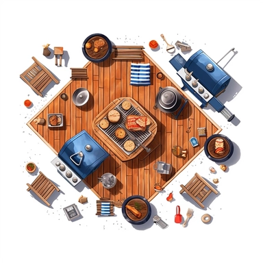 a clipart pattern of an aerial view of a barbeque. No other details. White background. The purpose of this asset will be to place on top of a landscape blueprint for the sake of landscape design
