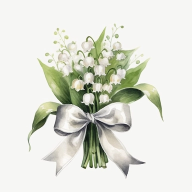 /Watercolor Lily of the Valley Floral Clipart, detailed with a white bow, wedding design on a white background HD