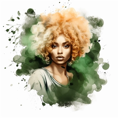 boho fantasy female elf afro clipart, beautiful, white and tan hair with beautiful glittery clothing in deep greens and tan and brown, and splashy watercolour background
