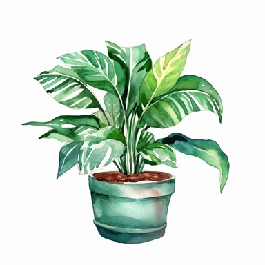 Watercolor clipart tropical single planter, Watercolor clipart tree planter, single watercolor houseplant clipart in pot, black contour around the leaves, white background,