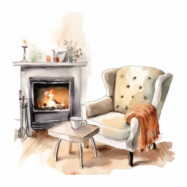 A comforting scene of a fireplace, a cozy chair, and a coffee table with a cup of hot coffee clipart, white background, watercolor drawing