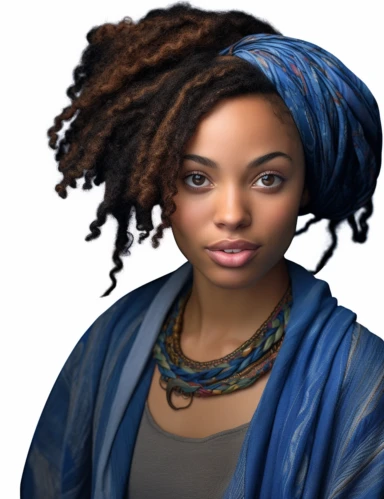 hasselblad 24 mm three quarters shot of a gorgeous african american woman with blue eyes, clipart, Composition: Relaxed position with intricate high hairstyle, smiling, detailed natural skin, Style: Nu-Goth, white background, hyperrealism, 32k