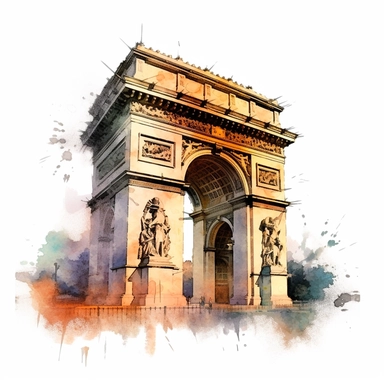 a France Arc de Triomphe in the style of watercolour clipart with detailed brush strokes