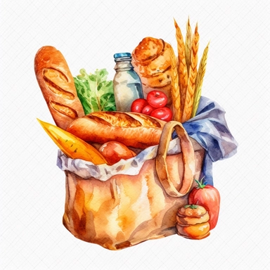 watercolor french baguette in a paper bag put together with some other groceries clipart, hd