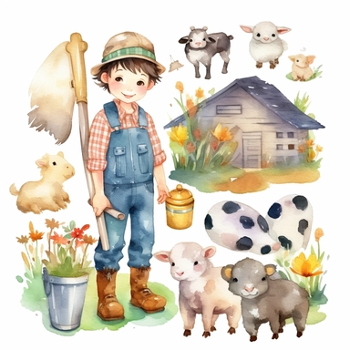 watercolor farm adorable boy clipart white background