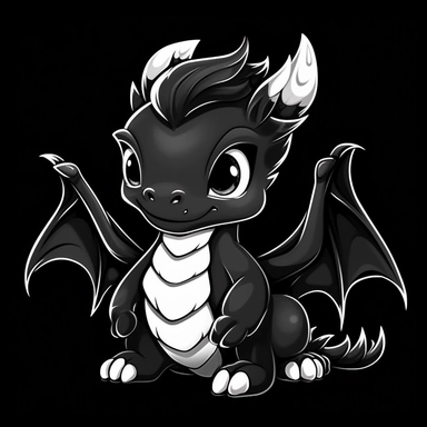 cute cartoon black and white dragon clipart, black background,--no cut off edges