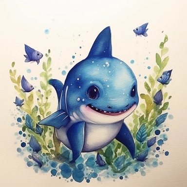 cutest little nursery shark with big eyes, full body, pen and ink with watercolor, seaweed, jelly fish, little fish, pearlescent horn, sparkles, glittery, clipart sheet, nurseycore