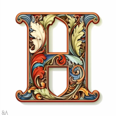 You are creating letter H in Art Nouveau illuminated initial style with clean lines and without shadows to be used as a clipart in white background
