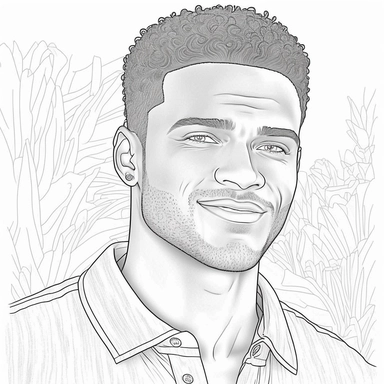 monochrome classic coloring book page of full body head to toe clipart style of smiling, handsome African American man with smooth skin no blemish, he has round detailed eyes, chiseled face with hair, hyper realistic, hyper detailed, hair is short curly clean cut, wearing a full leisure outfit, line art, 8k polished focused photography, there is no background on this image