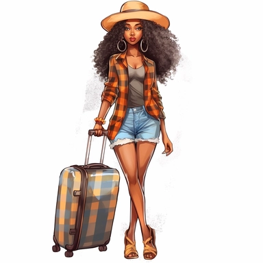 full body clip art+3 friend black Nubian woman+ long wavy hair+ kawaii+ standing next to suit case+ multiple traveling bags+ legs crossed at ankles+ high heels+skinny jeans and nice shirt+big hat+vacation vibes+detailed+ niji 5+ uhd+ png clipart+ airport