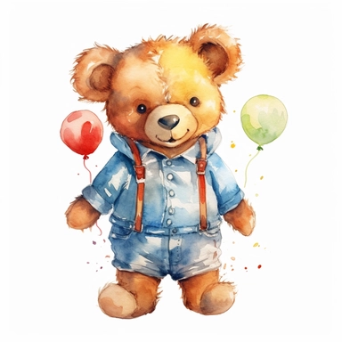 draw charming watercolor illustrations of a teddy bear wearing a shirt, the same character in different situations smiling n watercolor, single object, watercolor illustration, cartoon clipart, white background for removing background