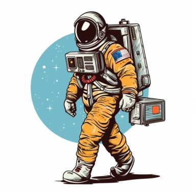 a retro carton style illustration of a man in a space suit, walking and holding a 90's cassette boombox on his shoulder, clipart, white background, childrens comic book, pop art