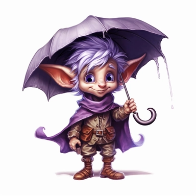 Cute Adorable magical little Elf with big pointed ears holds a umbrella in his hand wears a raincape and stand in the rain on a country road, clipart, photorealistic illustration, watercolor, high detail, 8k polished, 8k, vibrant colors, sticker, majestic, die cut, black and purple color, white background