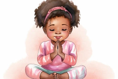 6 Watercolor happy cute beautiful brown skin african American baby girl praying wearing pink pajamas, clipart, isolated, white background, spaced out--q 2