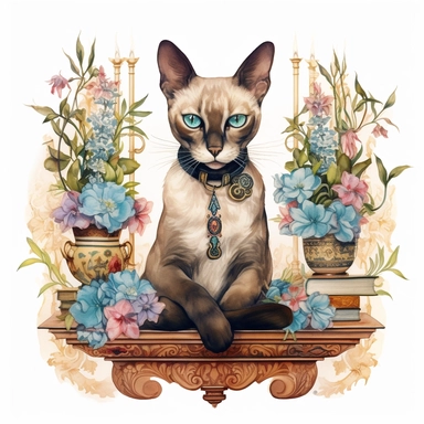 An elegant Siamese cat wearing a steampunk-inspired collar, surrounded by a lush garden of exotic flowers and seated on an antique book, as if guarding its secrets. watercolor, Clipart,intricate details, on white background