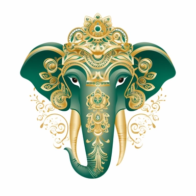 Flat illustration, Delicate embroidery depicts the head of traditional Chinese elephant head dance, with green and gold as the main colors, bright lighting, unimaginable details, a lot of negative white space, uhd, 16k,white background, clipart