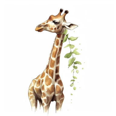 cute giraffe, stretching its long neck to reach leaves, soft pastel colors, clipart, on a white background