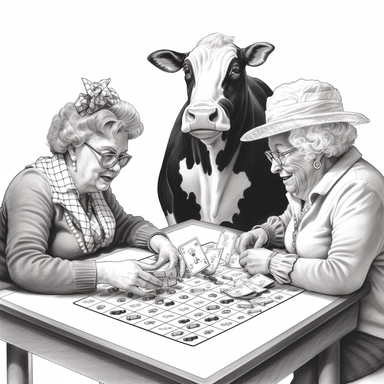 A clipart black and white drawing of a cow in a bingo with 4 old ladies playing bingo at tables around the cow.