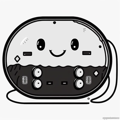 clipart of a cute electronic pill, full of circuits and cables and electronic components. Beautiful, flat, cute manga style, black and white, round image borders