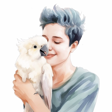 Adorable pet Cockatoo having happy moment with it's human owner, water color style, clipart, white background