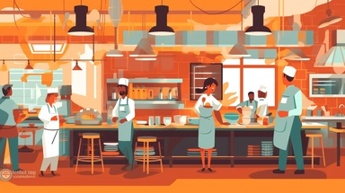 clipart of a scene of a kitchen staff working together in a restaurant kitchen, Alegria style, corporate memphis style, flat art, bold colors, upbeat, happy, expressive, friendly, high resolution, 8k