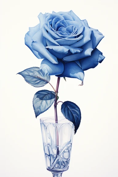 A highly detailed watercolor and pencil drawing of a clipart of blue Rose in a vase gracefully showcased on a isolated white background,, The flower is meticulously rendered, capturing the intricate details of its petals, stamen, and sepals. The combination of watercolor and pencil techniques adds depth and dimension to the drawing, with the watercolor providing soft washes of color and the pencil adding fine lines and delicate shading. The drawing highlights the flower's elegant structure,empha