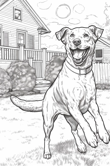vintage line drawing style coloring page with no background of a happy beautiful dog catching a frisbee in backyard, line art, no shading, thick strong lines, adult coloring page clipart