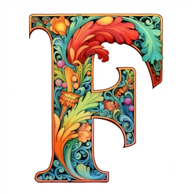 Art Nouveau, colorful, letter F, clipart, white background