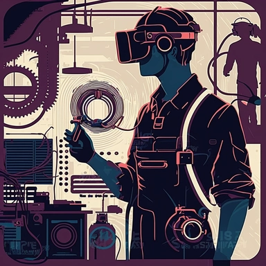 worker wearing vr headset, man, standing in an assembly plant, gauges, coding, vr developer, virtual reality, poster, simplistic, abstract, vector, 2d illustration, clipart, few colors
