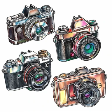 clipart collection of a set of four digital camera ,highly detailed, crisp sharp lines , istock, clip-art, ,, 2070s, steel, , how-to, , harmony of, marker”, , 4, instrument, ultimate, 5, movies, three - dimensional , high quality vector svg white background , organised in rows spaces gap orderly