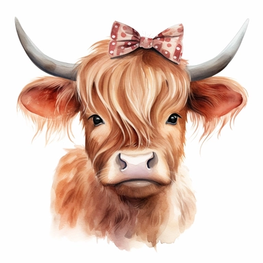 cute watercolor illustration of fullbody girl highland cow wearing hair bow on head clipart on white background