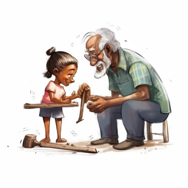 cartoon digital art of a very old black man, about 85 years old, helping a young blonde girl, about 5 years old, to hammer a nail into wood. Isolated on white. Clipart, simple, smooth lines.