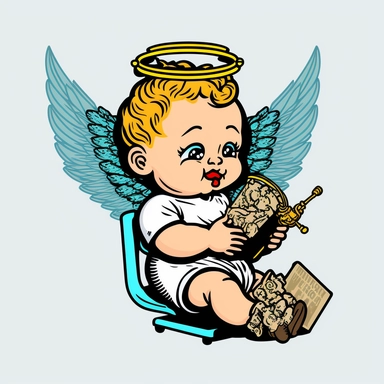pop art cute baby angel with a halo holding a K 112 machine gun in his hand and a bag full of dollars at his feet drawing clipart animation realistic comic