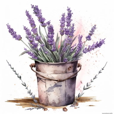 Create a beautiful watercolor clipart illustration of a dried bunch of a French lavender. potted plant The composition should be set against an isolated white background, with a bright and airy feel. Focus on capturing intricate details such as the delicate petals of the lavender. Use a loose and fluid watercolor technique to create a sense of movement and lightness. Experiment with the use of negative space to create a sense of depth and perspective. Consider adding small splatters or smudges t