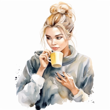 Watercolor modern blonde girl with a messy hair bun having coffee, watercolor digital clipart, high quality, 32k, no image noise, isolated on a white background