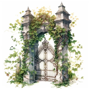 watercolor, hyper realistic, white background, white margins, 16k, ultra detailed clipart, cut out image, hand-drawn, whimsical manhwa style, ultra HD, sharp and clean art a secret garden gate, adorned with climbing vines and a wrought-iron lock.