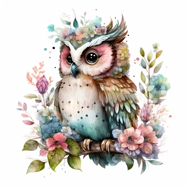 watercolor cute cartoon fantasy owl defined edges Floral Clipart pastel color white background
