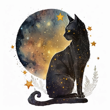 a sitting skinny pagan black cat in front of big starry sky portret, clipart, moon, watercolors, white background, stars, planets, galaxy, magical, ornaments, little golden stars, full body, pictorial space, sparky, golden glitter, oraneg eyes, use Cool Color Palette
